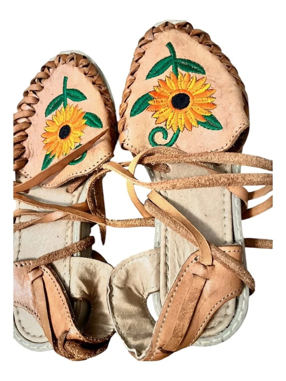 MEXICANA Tan Leather Kids Sunflower Embroidered Sandals